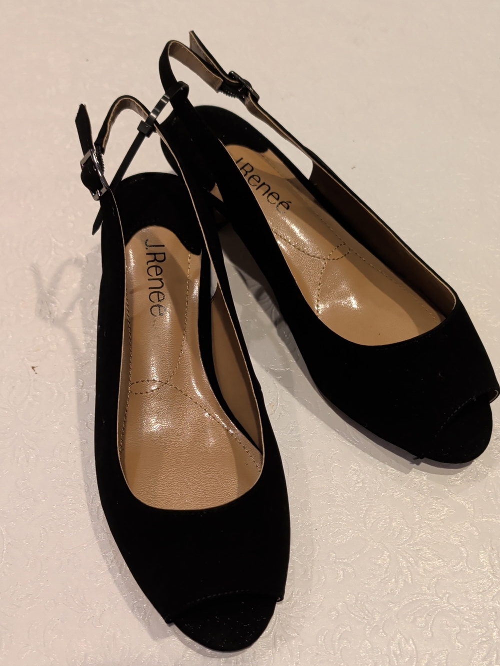 J.Renee Black Peep-Toe Slingback Heels with Buckle
